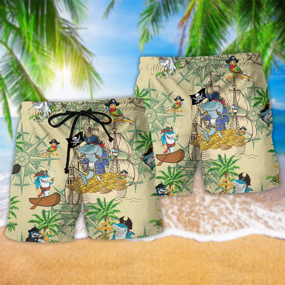 Pirate Shark Adventure Ocean Beach Shorts Pattern Detail For Poolside Fun And Easygoing Coastal Style