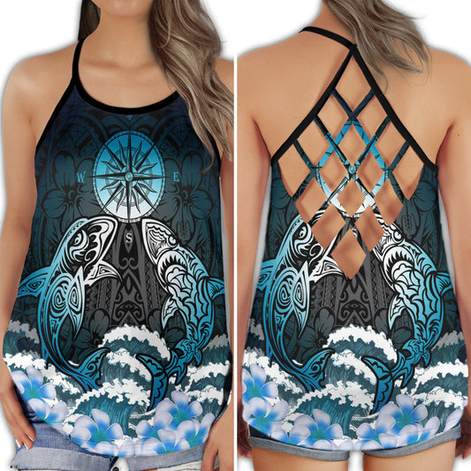 Shark Ocean Predator Artistic Marine Life Art Hollow Tank Top For Beach Vacations And Casual Wear