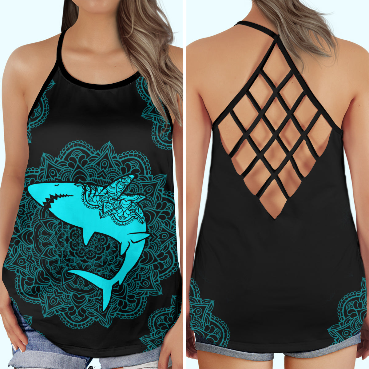 Shark Mandala Pattern Hollow Tank Top For Coastal Travel And Summer Outings