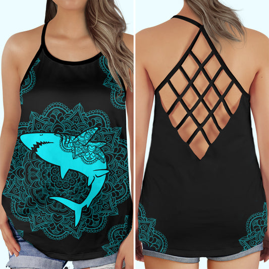 Shark Mandala Pattern Hollow Tank Top For Coastal Travel And Summer Outings
