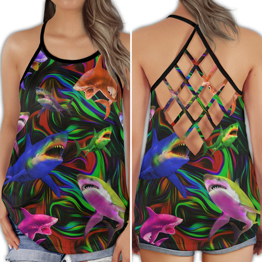 Shark Ocean Wave Stunning Color Marine Art Hollow Tank Top For Beach Vacations And Casual Wear