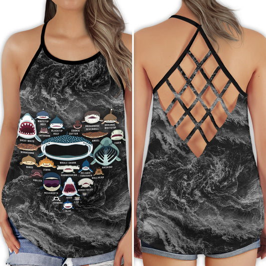 Shark Tooth Ocean Predator Hollow Tank Top For Beach Vacations And Casual Wear