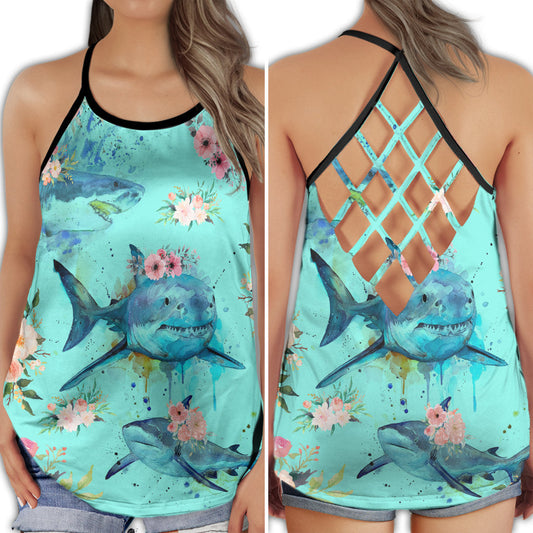 Shark Ocean Predator Wild Marine Life Art Hollow Tank Top For Beach Vacations And Casual Wear