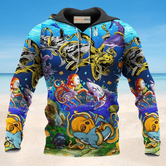 Colorful Shark Octopus Fight Hoodie For Beach Lovers Outdoor Activities And Thoughtful Gifts