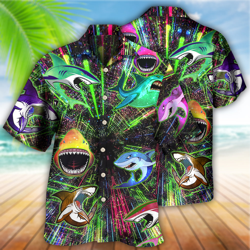 Neon Shark Angry Hawaiian Shirt Pattern View For Relaxed Warm Weather Outfits