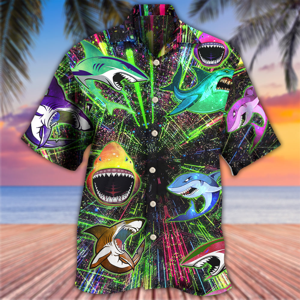 Neon Shark Angry Hawaiian Shirt Artwork Detail For Resort Trips And Outdoor Activities