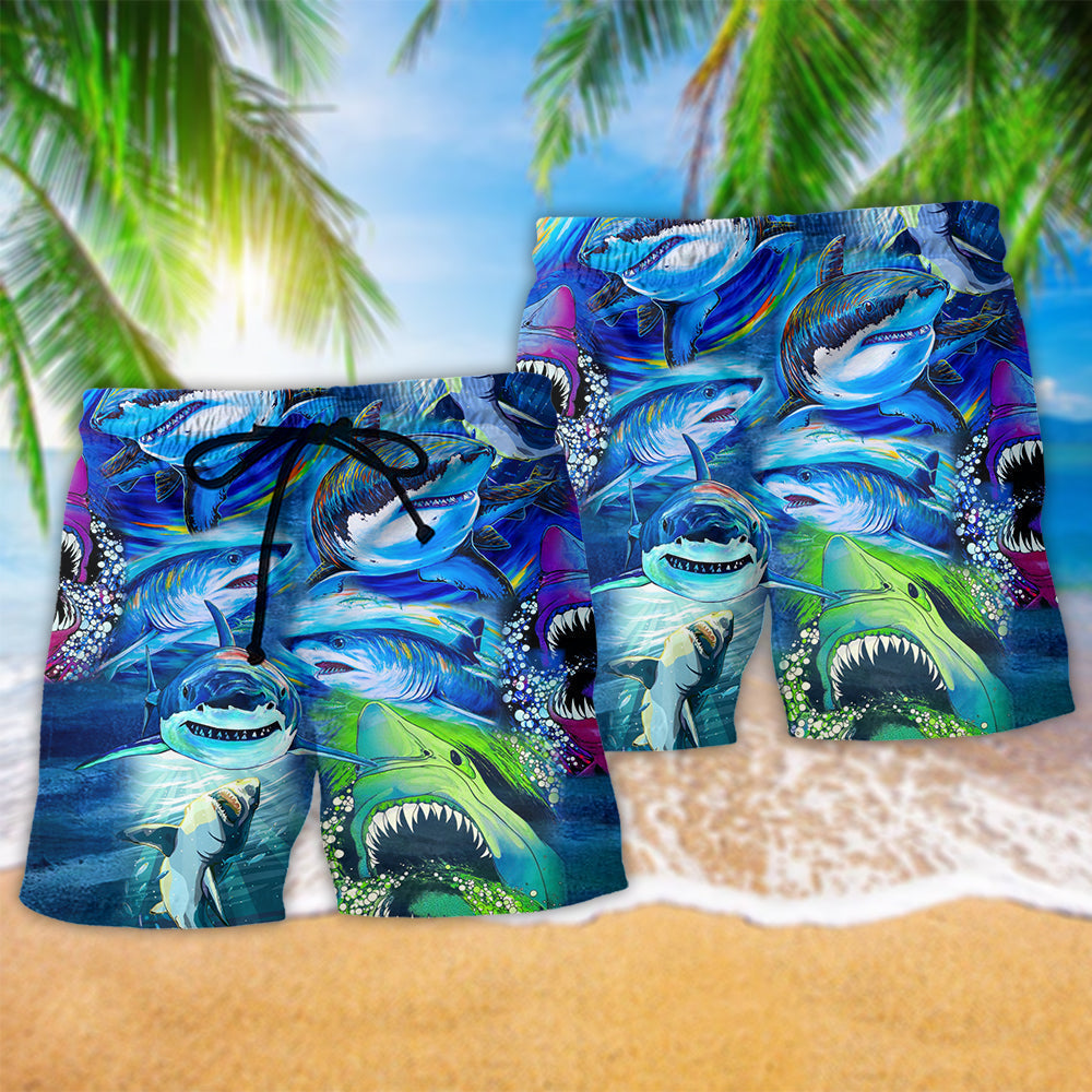 Shark Be A Blue Shark Hawaiian Print Beach Shorts For Ocean Lover Vacation Wear