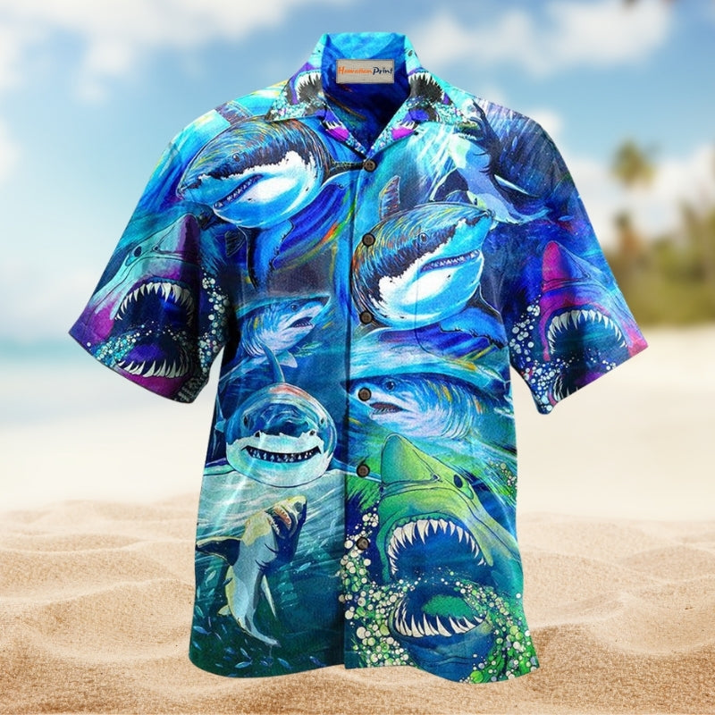 Bold Shark Hawaiian Shirt For Coastal Adventures Outdoor Gatherings And Casual Warm Weather Wear
