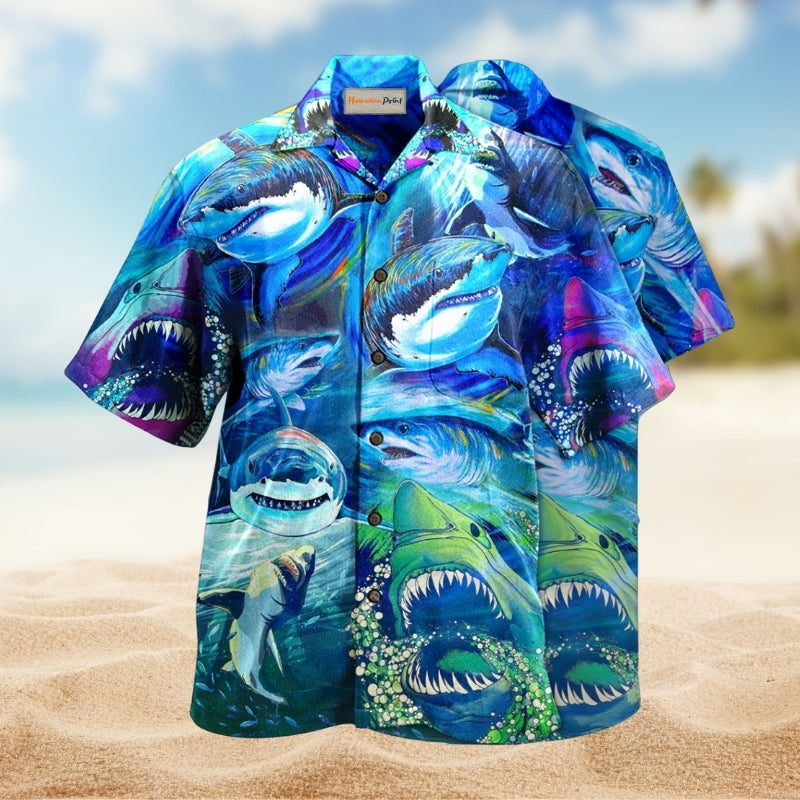Bold Shark Hawaiian Shirt For Coastal Adventures Outdoor Gatherings And Casual Warm Weather Wear