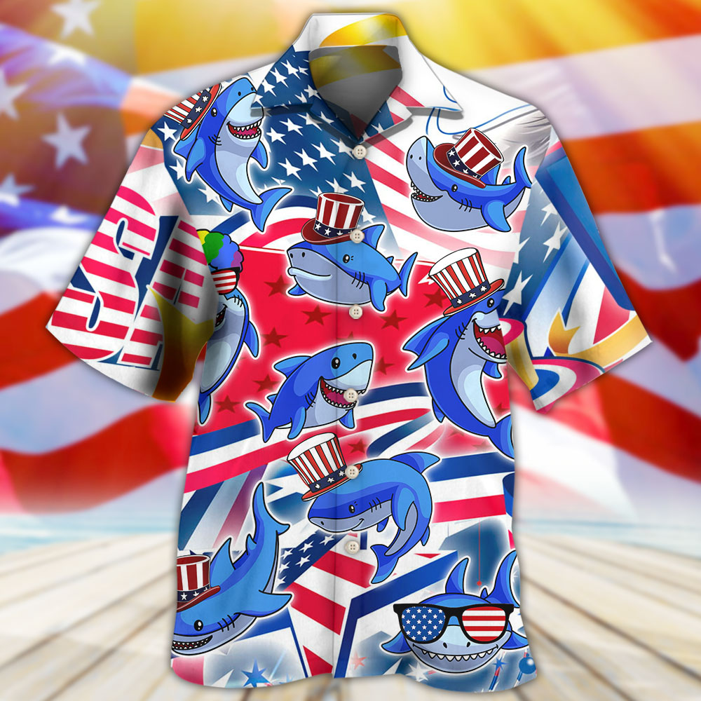 Funny Shark USA Flag Independence Day Hawaiian Shirt Pattern View For Relaxed Warm Weather Outfits