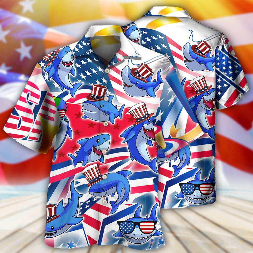Funny Shark USA Flag Independence Day Hawaiian Shirt Artwork Detail For Resort Trips And Outdoor Activities