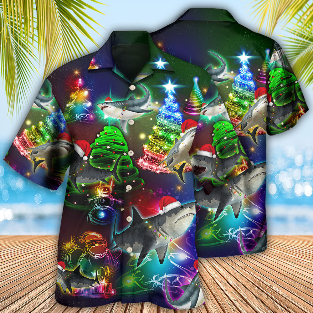 Shark Christmas Tree Hawaiian Shirt Pattern Detail For Summer Holidays And Outdoor Fun