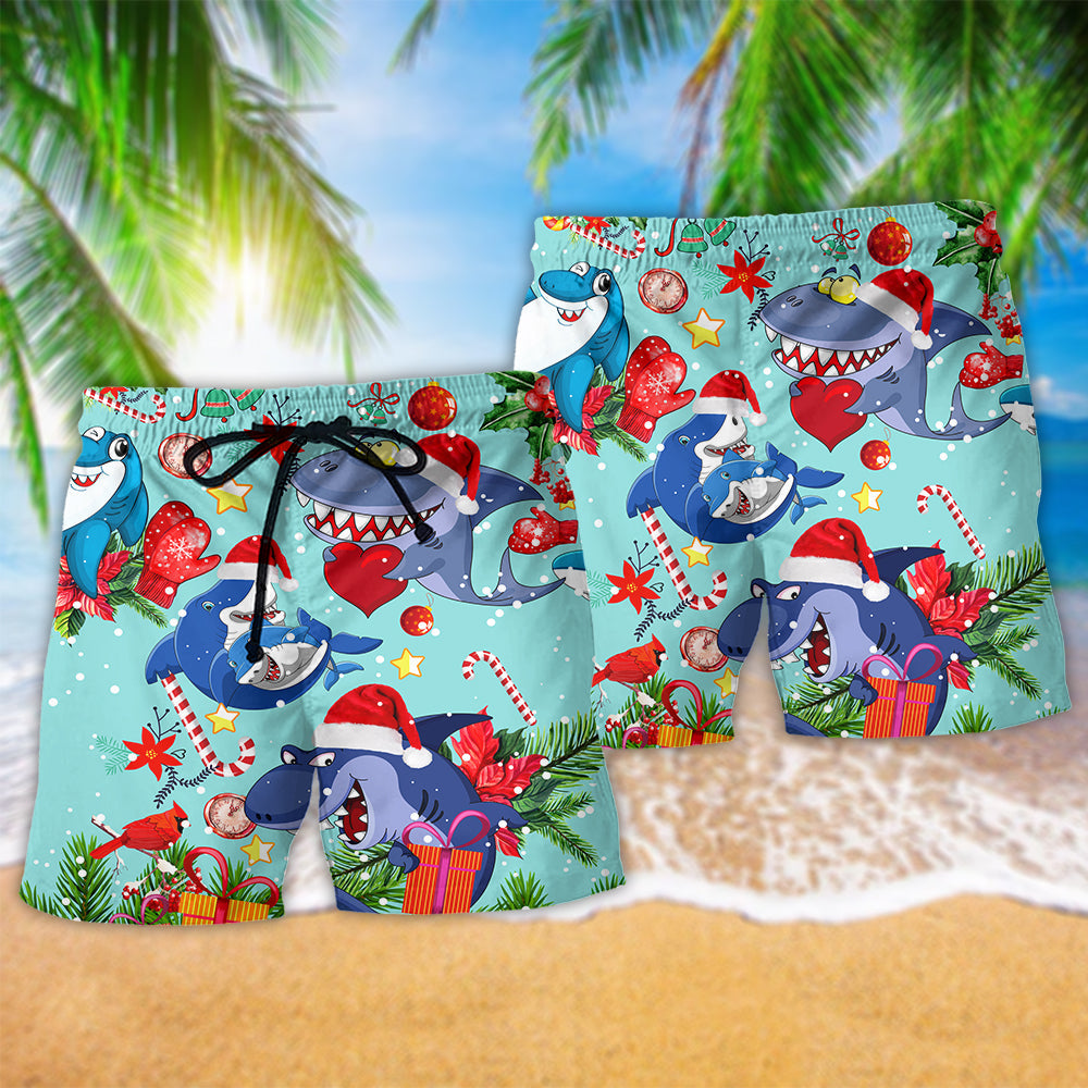 Shark Love Christmas In The Ocean Hawaiian Print Beach Shorts For Festive Vacation Wear