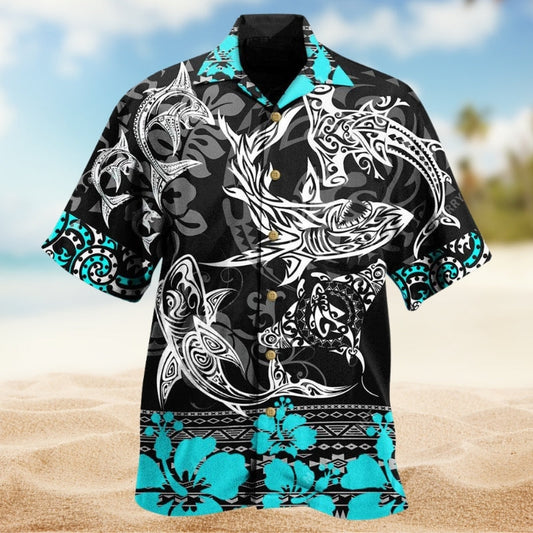 Ocean Shark Hawaiian Shirt For Beach Party, Seasonal Celebration, And Relaxed Summer Style