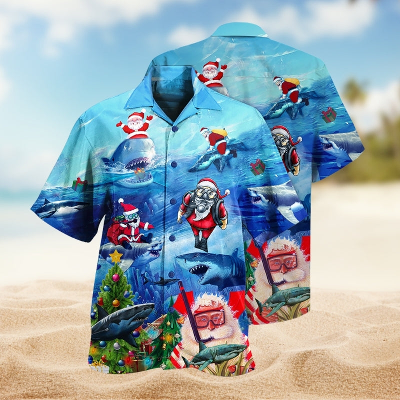 Christmas Santa Hawaiian Shirt For Winter Celebrations, Beach Travel, And Relaxed Holiday Wear