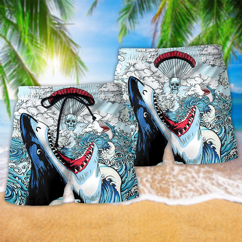 Shark Love Skull Hot Air Balloon Hawaiian Print Beach Shorts For Tropical Coastal Getaways