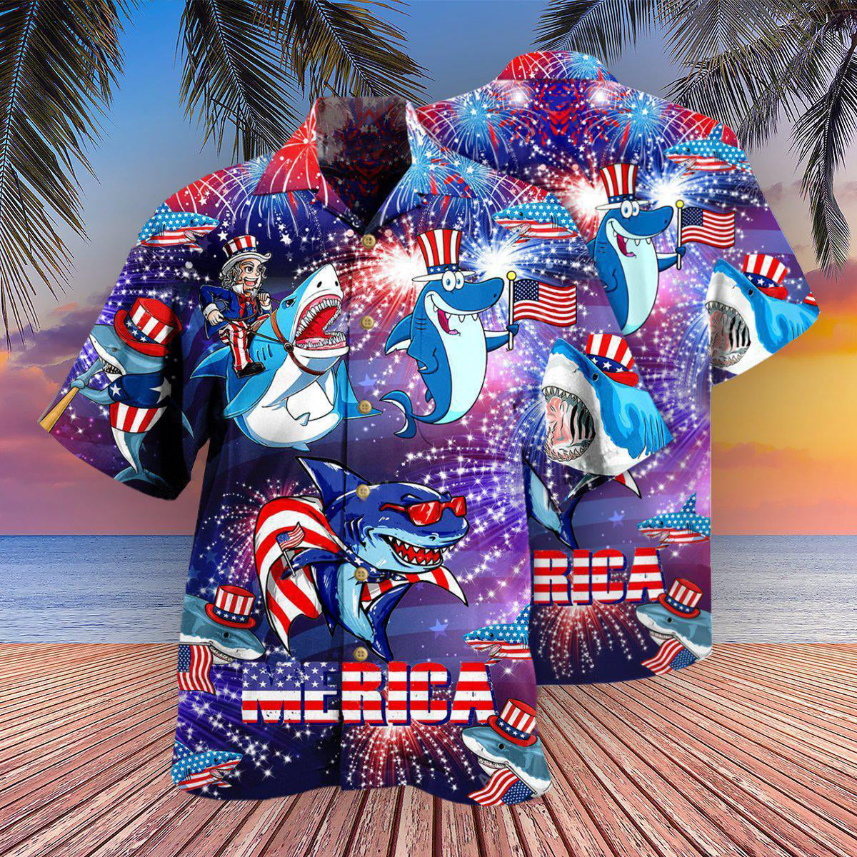 Patriotic Shark Merica Hawaiian Shirt For Summer Events And Casual Outdoor Wear