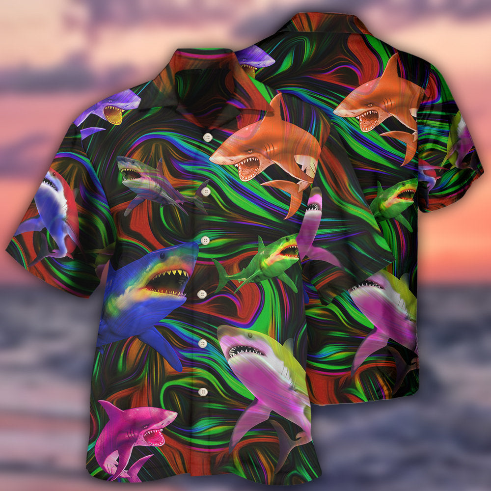 Neon Shark Hawaiian Shirt Design Detail For Beach Days And Holiday Travel
