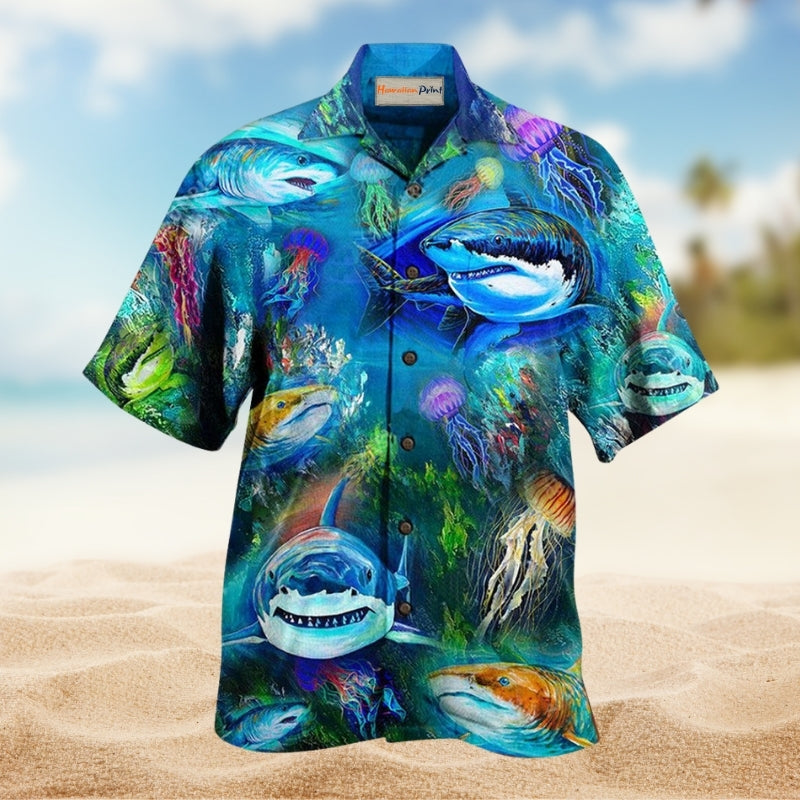 Shark Over Sea Awesome Hawaiian Shirt For Coastal Vacations Resort Travel And Relaxed Summer Outings