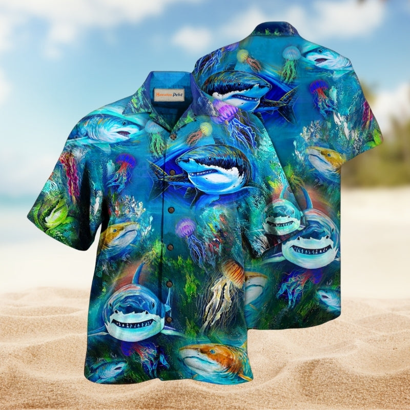Shark Over Sea Awesome Hawaiian Shirt For Coastal Vacations Resort Travel And Relaxed Summer Outings