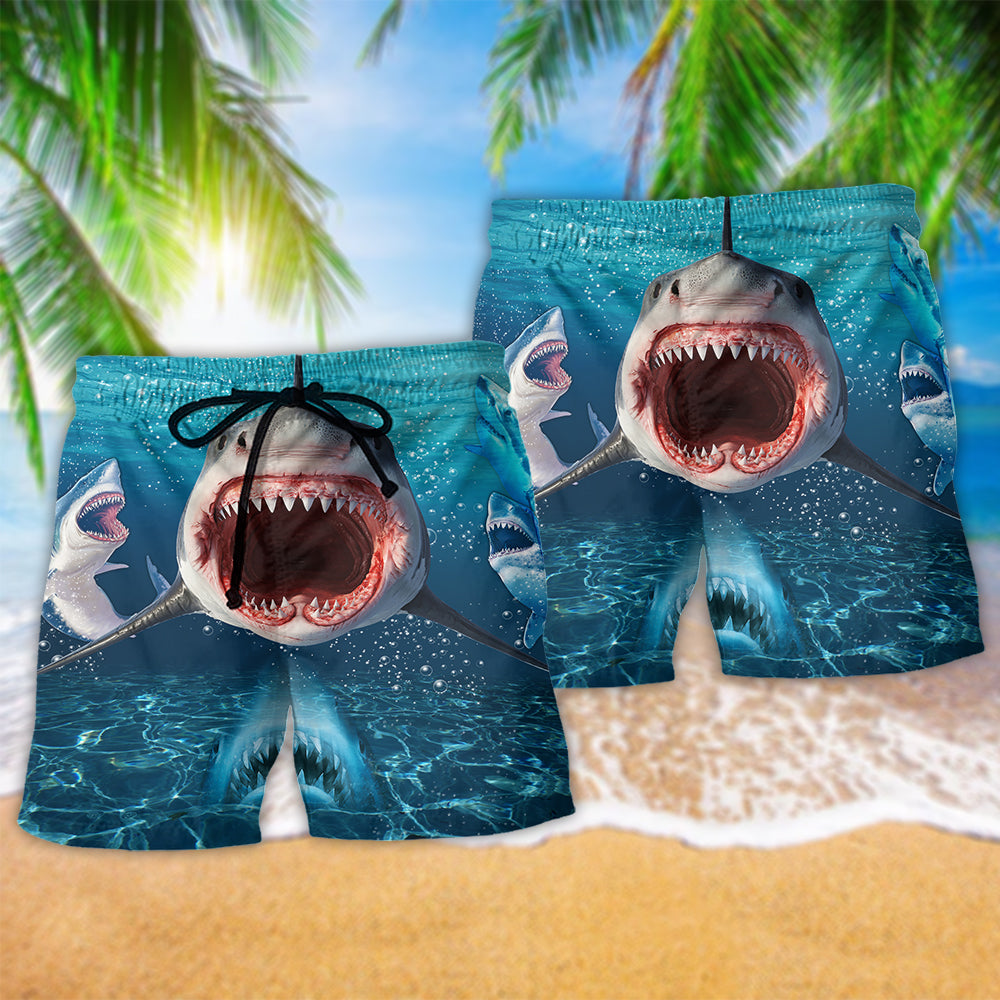 Shark Show Your Teeth Large Mouth Hawaiian Print Beach Shorts For Ocean Lover Vacation Wear