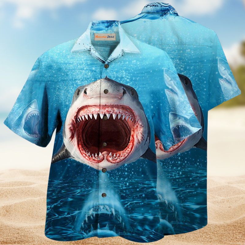 Shark Show Teeth Hawaiian Shirt For Summer Vacation, Beach Travel, And Casual Wear