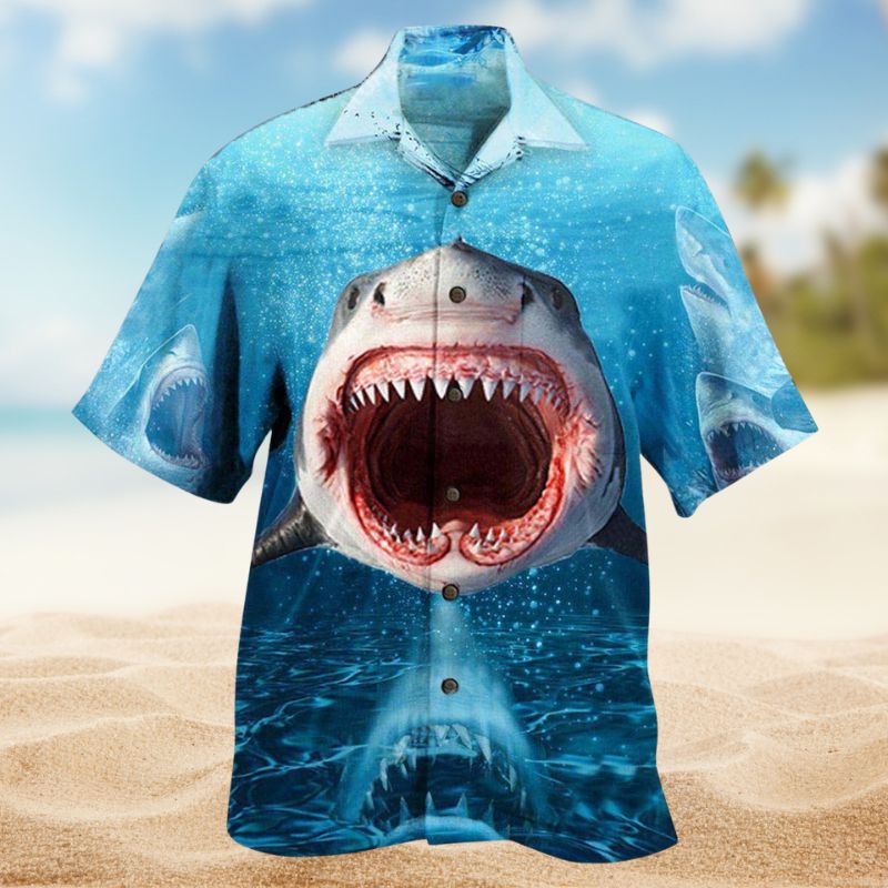 Shark Show Teeth Hawaiian Shirt For Summer Vacation, Beach Travel, And Casual Wear