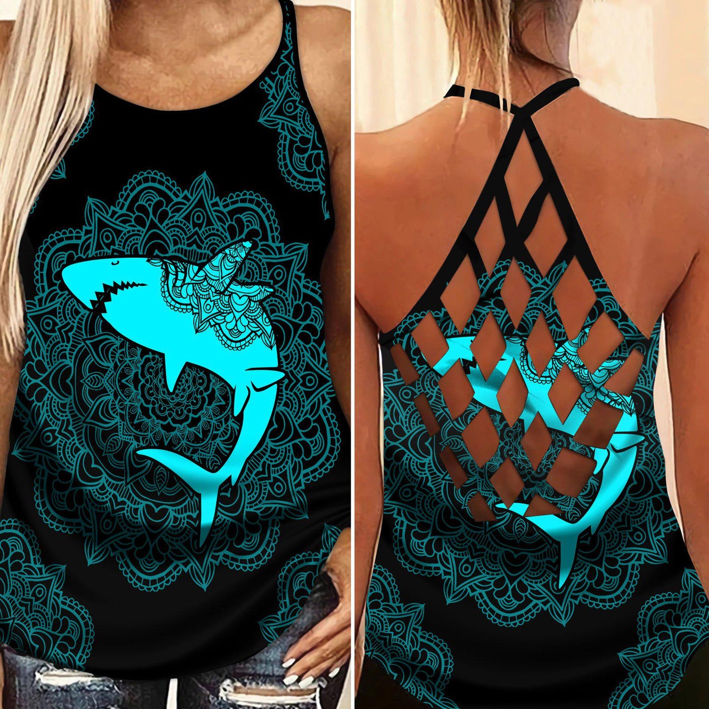 Shark Artistic Hollow Tank Top For Seaside Events And Casual Styling