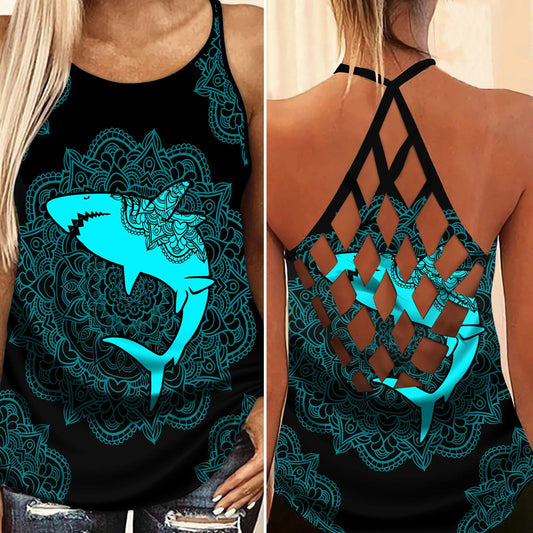 Shark Artistic Hollow Tank Top For Seaside Events And Casual Styling