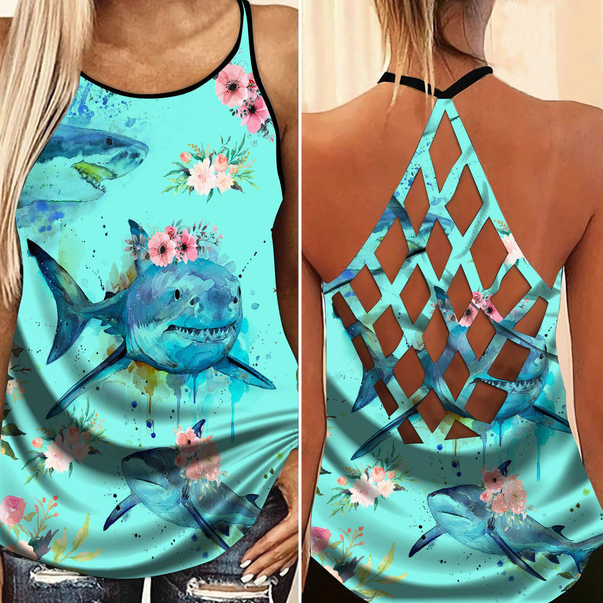 Shark Artistic Hollow Tank Top For Coastal Travel And Summer Outings
