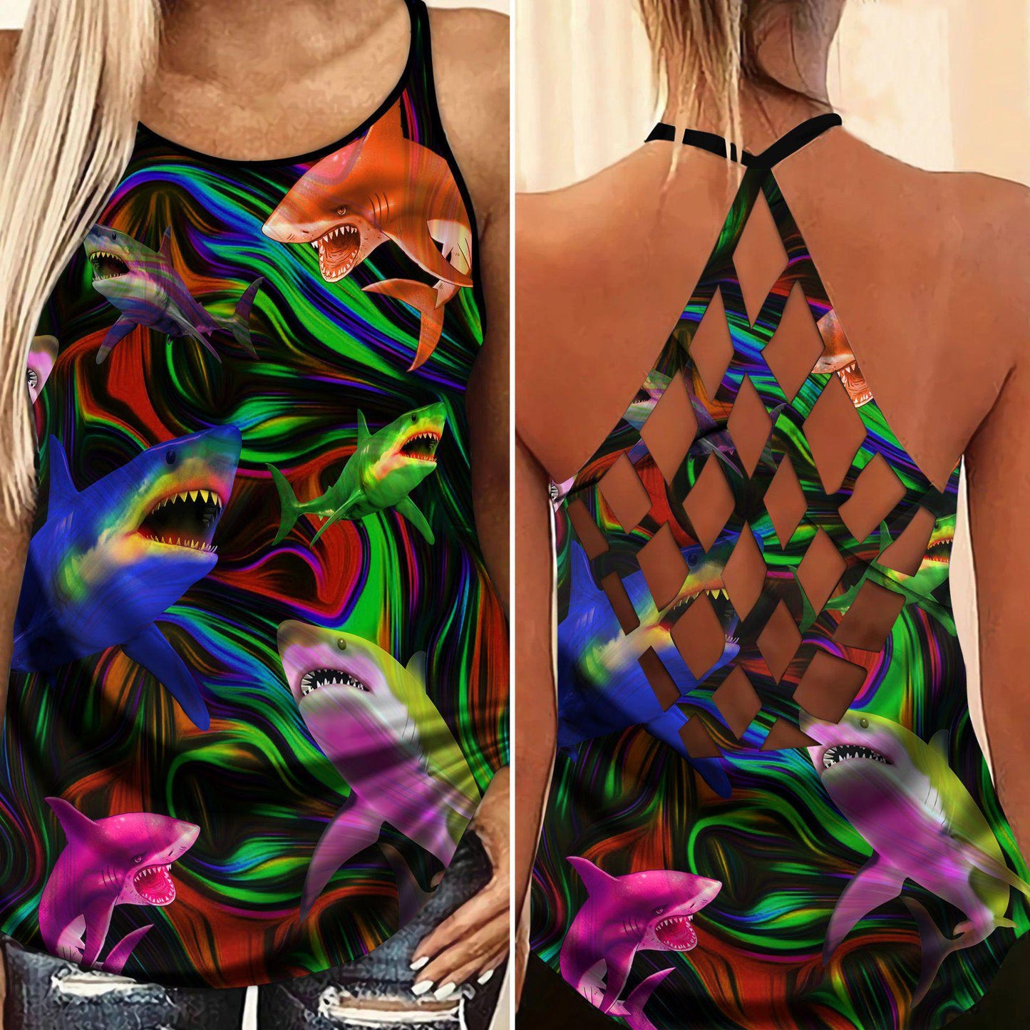 Shark Artistic Hollow Tank Top For Beach Vacations And Casual Wear