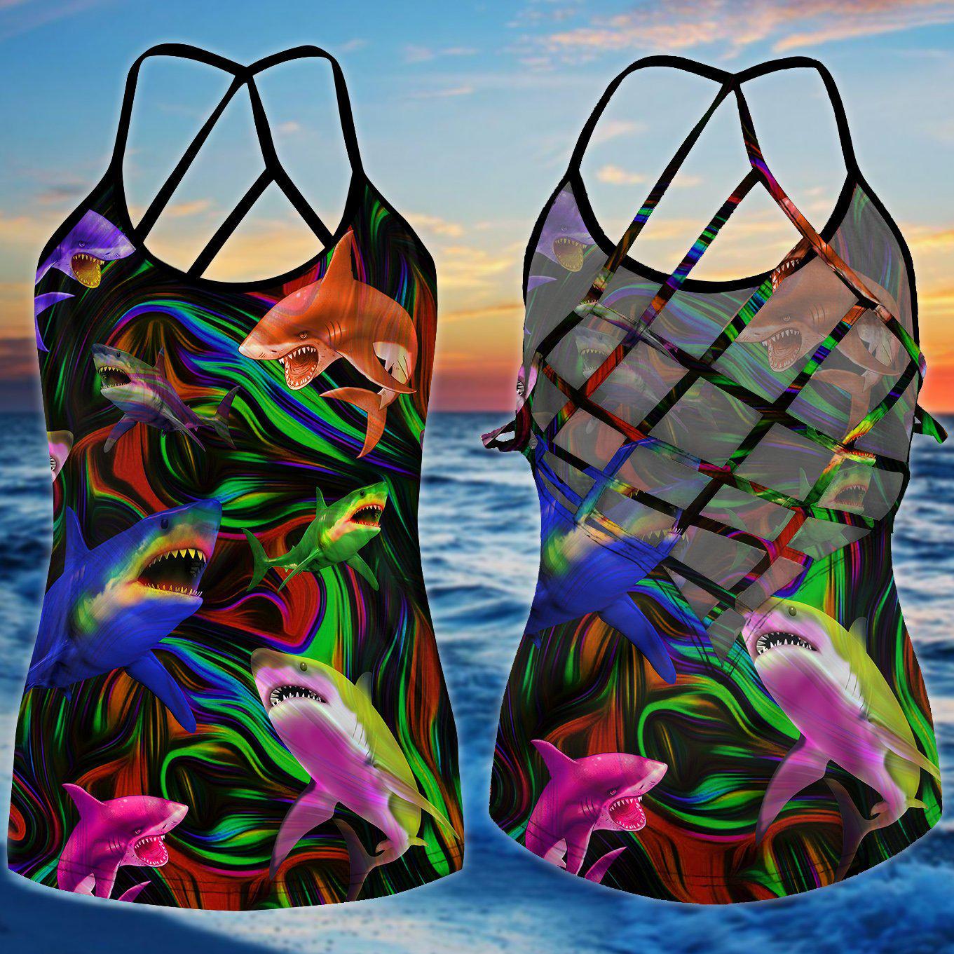 Shark Artistic Hollow Tank Top For Beach Vacations And Casual Wear