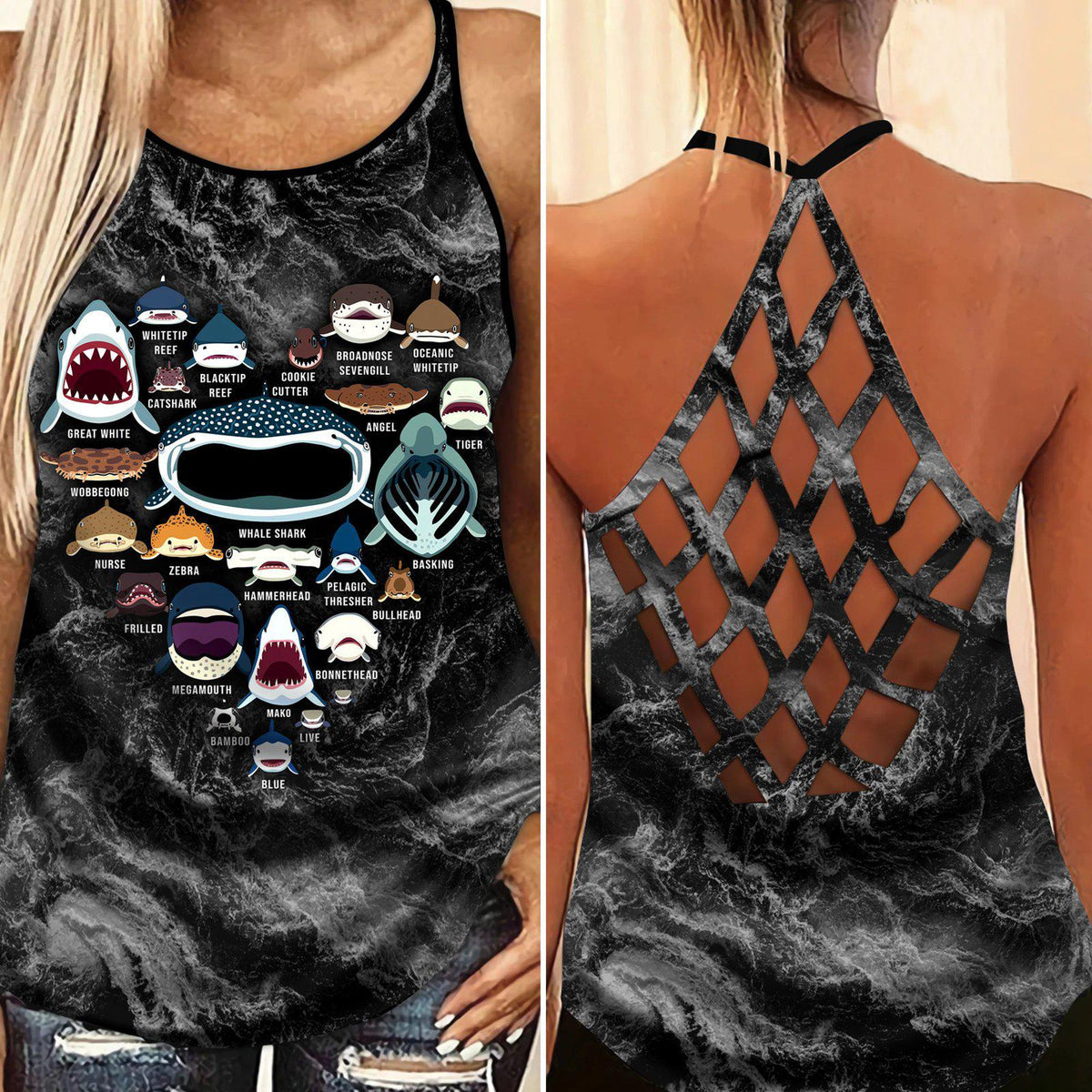 Shark Artistic Hollow Tank Top For Ocean Lovers And Weekend Wear