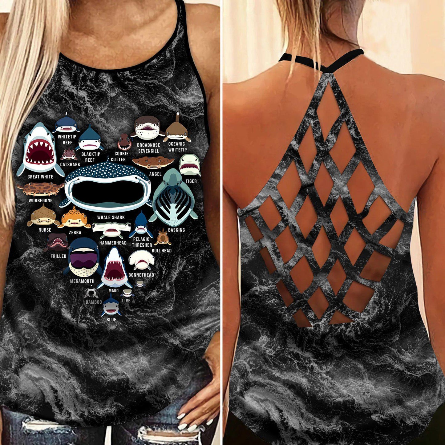 Shark Artistic Hollow Tank Top For Ocean Lovers And Weekend Wear