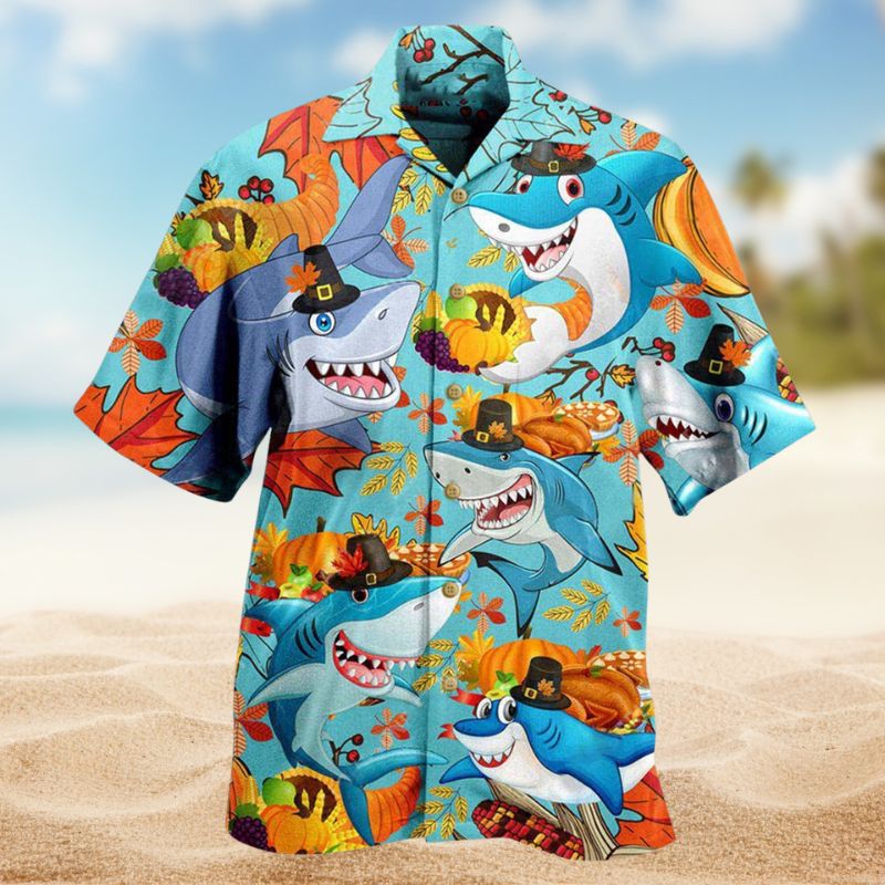 Shark Thanksgiving Hawaiian Shirt For Beach Days, Summer Outings, And Thoughtful Gift Giving