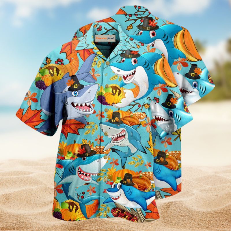 Shark Thanksgiving Hawaiian Shirt For Beach Days, Summer Outings, And Thoughtful Gift Giving