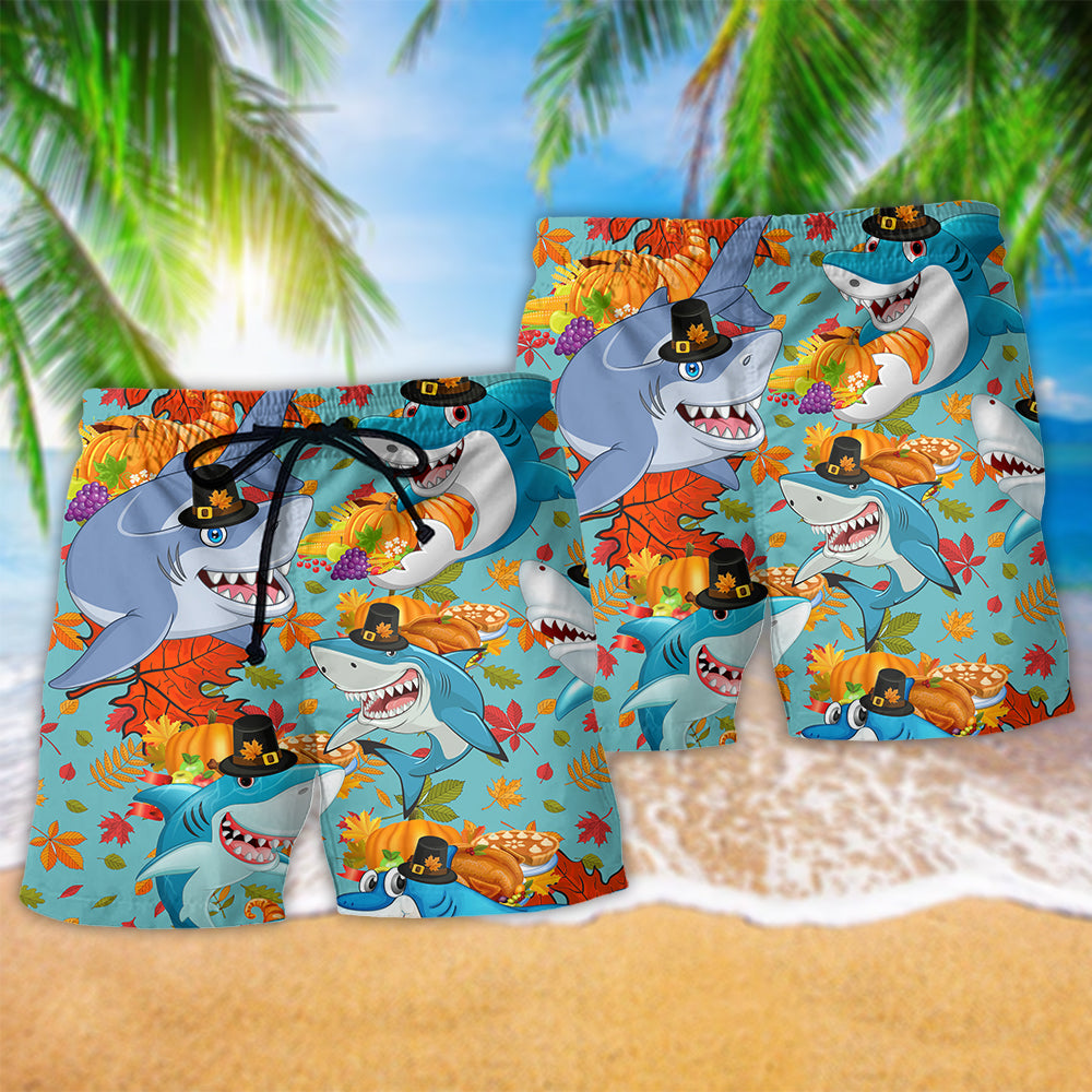 Shark Thanksgiving Holiday Beach Shorts Pattern Detail For Coastal Travel And Weekend Casual Style