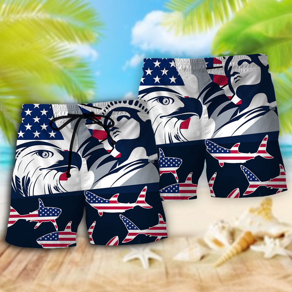 Independence Day Shark Americana Beach Shorts Pattern Detail For Island Trips And Lightweight Summer Style