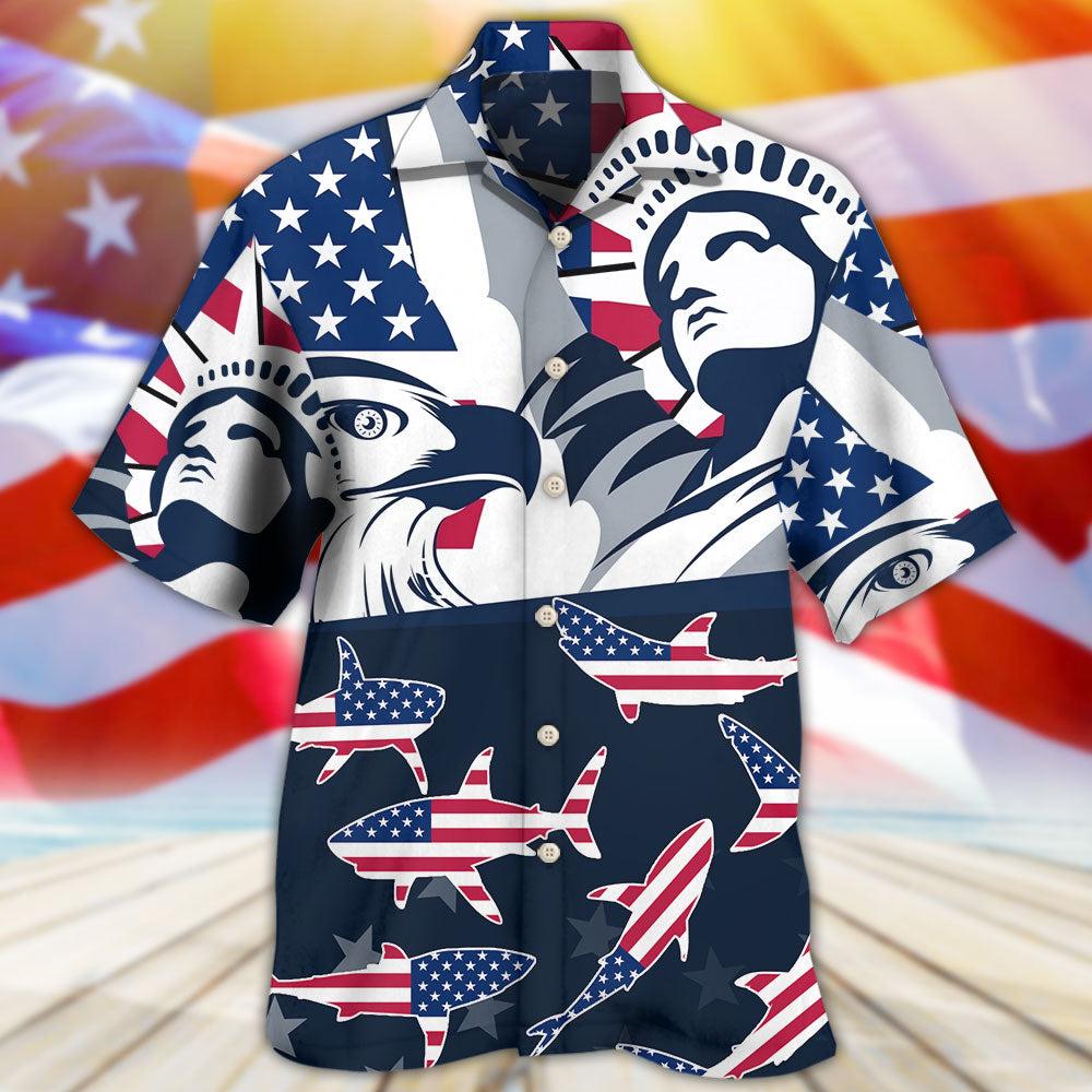 Shark American Independence Day Hawaiian Shirt Design Detail For Beach Days And Holiday Travel