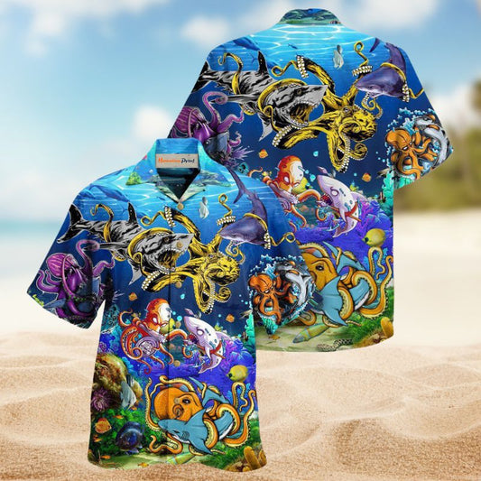 Shark Octopus Hawaiian Shirt For Animal Lovers, Beach Travel, And Casual Summer Style