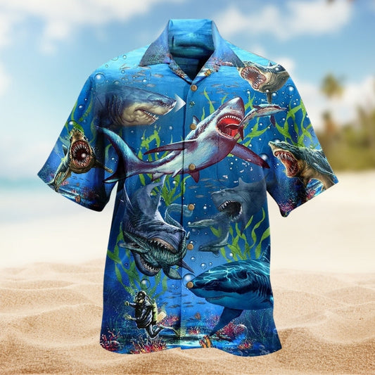 Megalodon Shark Hawaiian Shirt For Coastal Travel, Casual Events, And Comfortable Summer Wear