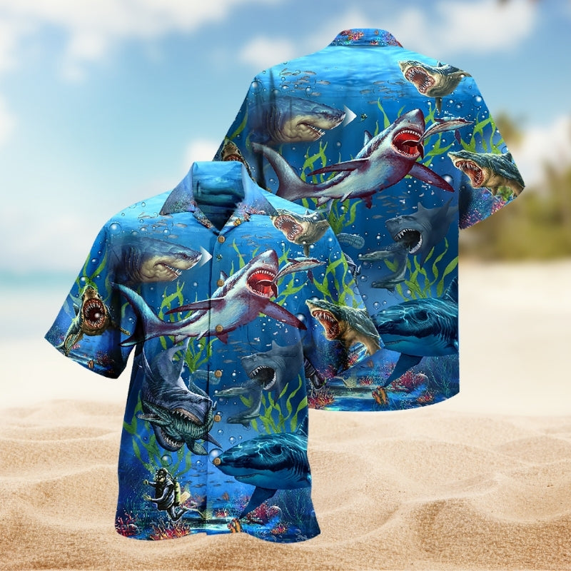 Megalodon Shark Hawaiian Shirt For Coastal Travel, Casual Events, And Comfortable Summer Wear