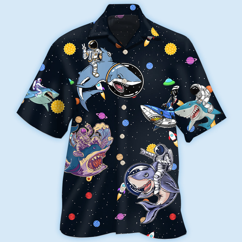 Shark Astronaut Galaxy Sky Hawaiian Shirt Artwork View For Coastal Escapes And Resort Style