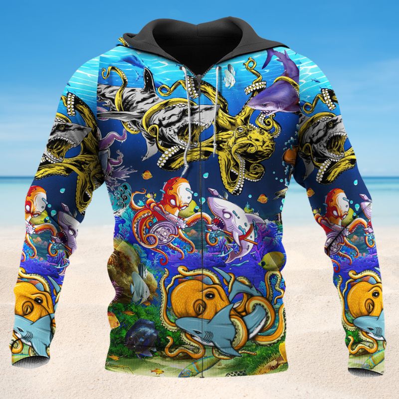 Colorful Shark Octopus Fight Hoodie For Beach Lovers Outdoor Activities And Thoughtful Gifts