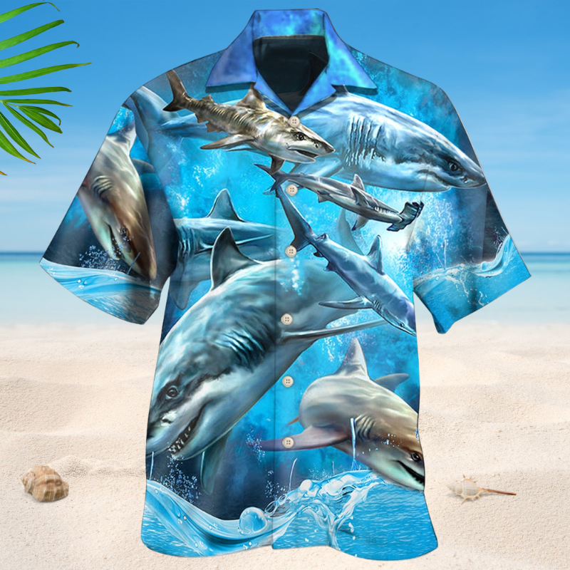 Shark Blue Ocean Hawaiian Shirt For Coastal Travel, Casual Events, And Comfortable Summer Wear
