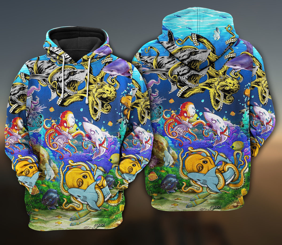 Shark Fighting Octopus Ocean Hoodie For Coastal Adventures Vacation Days And Comfortable Casual Wear
