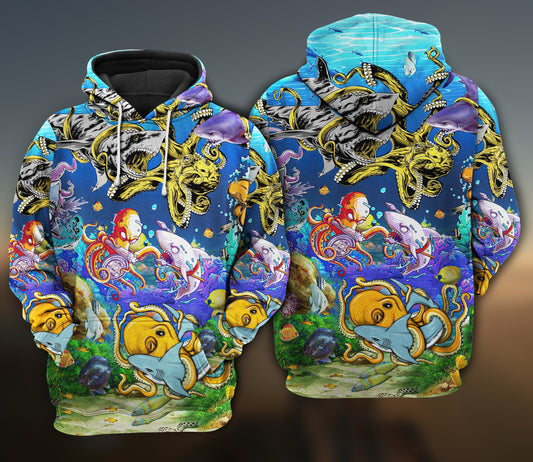 Shark Fighting Octopus Ocean Hoodie For Coastal Adventures Vacation Days And Comfortable Casual Wear