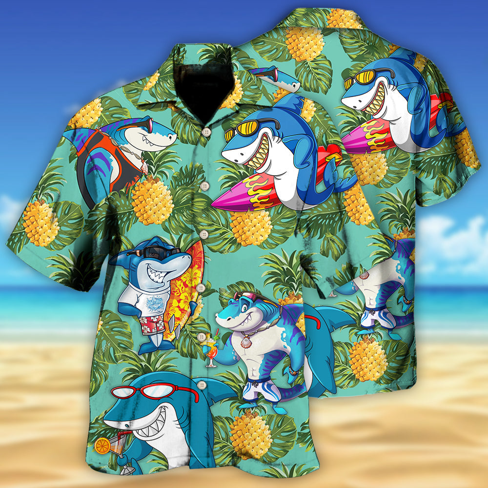 Tropical Shark Pineapple Leaf Pattern Hawaiian Shirt For Summer Vacation, Beach Travel, And Casual Wear