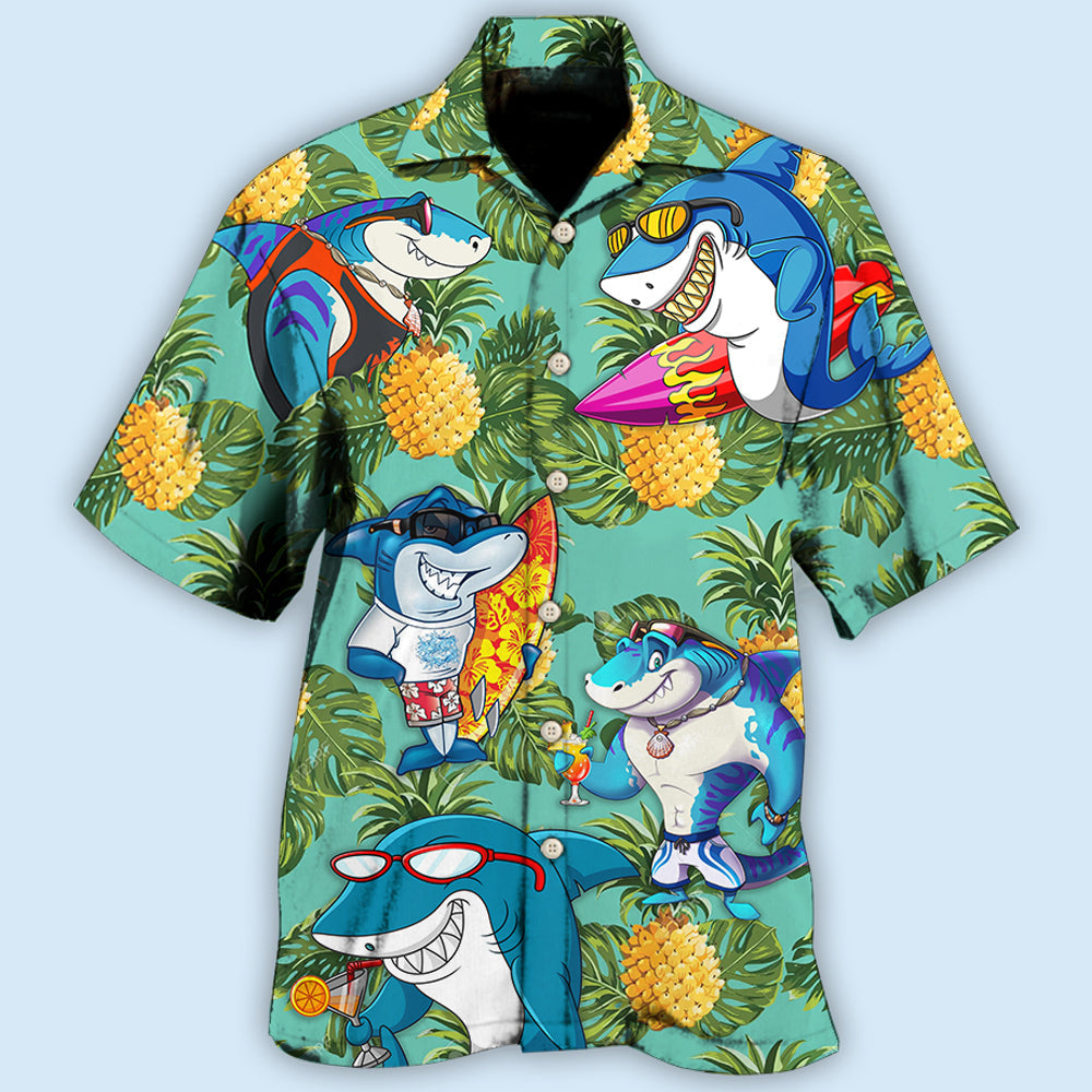 Tropical Shark Pineapple Leaf Pattern Hawaiian Shirt For Summer Vacation, Beach Travel, And Casual Wear