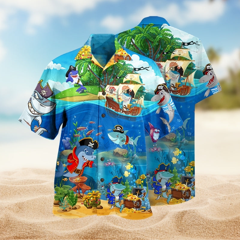 Sharks Pirate Hawaiian Shirt For Resort Trips, Coastal Parties, And Warm Weather Style